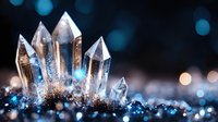 Magical crystal cluster with pointed quartz formations against dark background with blue bokeh lights and sparkles. Mystical mineral formation glows.