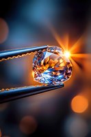 Brilliant cut diamond held in tweezers with sunlight creating dramatic orange flare and blue reflections against dark background with bokeh effect.