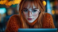 Young redhead woman in glasses and orange sweater looking at laptop screen with bokeh lights in background, digital art style portrait with soft evening lighting.
