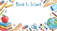 Watercolor school supplies frame with apple, books, globe, pencils, rulers and art materials on white background for educational designs.