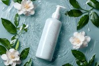 White cosmetic bottle with pump dispenser surrounded by fresh gardenia flowers and green leaves on water-splashed turquoise surface. Natural skincare concept.