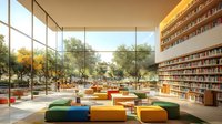 Modern library interior with colorful modular seating, floor-to-ceiling windows overlooking autumn trees, and extensive book collection on wooden shelves, bathed in warm natural light.