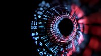 Digital binary code tunnel in blue and red neon colors with glowing numbers and circular pattern, abstract technology background for cybersecurity and data concepts.