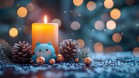 Glowing candle with cute blue bear ornament, pine cones and copper baubles on snowy surface against blurred bokeh lights creating cozy winter holiday atmosphere.