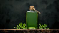 Green herbal extract in vintage glass bottle with cork stopper on wooden surface, decorated with fresh mint leaves against dark background.