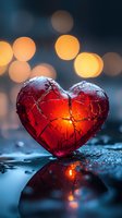 Cracked red glass heart on wet surface with golden bokeh lights in background, dramatic lighting creates glowing effect and reflection on dark moody surface.