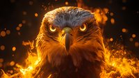 Majestic eagle head portrait with piercing eyes against dramatic fiery background with glowing orange sparks and flame effects creating powerful wildlife art.
