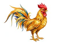 Vibrant rooster with golden plumage and flowing tail feathers isolated on white background, suitable for farm designs and poultry graphics.