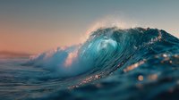 Powerful ocean wave crashing with golden sunset light creating dramatic seascape moment. Perfect for nature photography and coastal adventure themes.