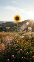 Single sunflower standing tall among wildflowers in mountain meadow at golden hour sunset with lens flare and rolling hills in background.