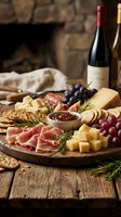 Gourmet charcuterie board with assorted cheeses, cured meats, grapes and wine bottle on rustic wooden table near fireplace for entertaining and dining.