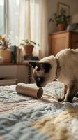 Siamese cat with dark points playing with cardboard tube on bed in sunlit bedroom with potted plants and wooden furniture.