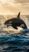 Majestic orca whale breaching ocean surface at golden sunset with dramatic water splash and warm atmospheric lighting creating spectacular marine wildlife moment.