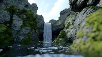 Majestic waterfall cascading between moss-covered rocky cliffs into dark calm water, creating serene natural landscape with dramatic lighting and atmospheric mood.