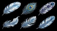 Set of six detailed blue feathers including a peacock eye feather, isolated on transparent background, ready for stickers, sublimation, t-shirt design, and print on demand.