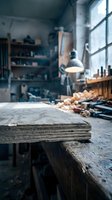 Rustic wooden workbench in traditional carpentry workshop with vintage tools and natural lighting from large windows creating atmospheric workspace.