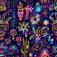 Vibrant neon tribal pattern with mystical masks, abstract symbols and fluorescent elements on dark background. Seamless design perfect for fabric, wallpaper and modern ethnic decor.