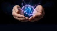 Hands protecting glowing digital brain with neural network connections and electric energy effects on dark background for technology and AI concepts.