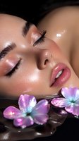 Close-up portrait of Asian woman with glowing skin and professional makeup relaxing at spa with purple plumeria flowers floating in dark water, wellness concept.