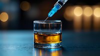 Medical syringe dripping liquid into glass of amber beverage against blurred bokeh lights background, dramatic lighting creates moody atmosphere.