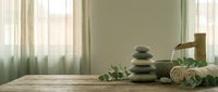 Zen spa composition with stacked stones, bamboo fountain, eucalyptus and towels on wooden surface near window for wellness and meditation practices.