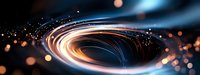 Glowing spiral light trails with orange and blue streaks against dark background create dynamic motion effect, abstract cosmic energy visualization for backgrounds.