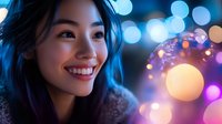 Young Asian woman smiling with glowing bokeh lights in background creating magical evening atmosphere. Natural beauty portrait with soft illumination.