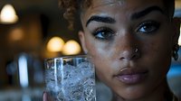 Young African American woman with natural curly hair and nose piercing holding clear glass with ice cubes against blurred bar background with warm lighting.