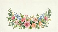 Watercolor floral arrangement with pink roses, blue flowers, ferns and eucalyptus leaves on cream background, isolated for design use.