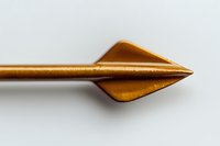 Sharp golden arrow tip in macro photography against white background, showing precise metallic detail and symmetrical design for archery and sports concepts.