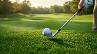 Golfer preparing to hit white ball with iron club on lush green fairway during golden hour sunset at golf course for sports and recreation activities.
