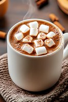 Steaming hot chocolate topped with fluffy marshmallows in white ceramic mug on knitted cloth, sprinkled with cocoa powder, cozy winter drink.