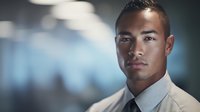 Confident young businessman in white shirt against blurred office background with dramatic lighting highlighting his determined expression.