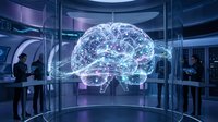 Futuristic holographic brain projection in modern laboratory with scientists analyzing neural networks and artificial intelligence technology for medical research.