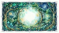 Enchanted forest clearing with magical glowing light, mystical trees and ornate decorative border frame for fantasy storytelling and fairy tale designs.