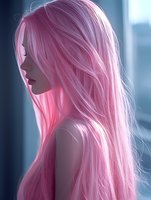 Young woman with flowing pink hair in profile view against soft blue background, illuminated by gentle pink light creating dreamy atmospheric mood.