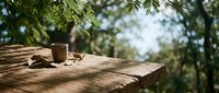 Rustic metal cup and pinecones on weathered wooden table in forest setting with blurred green trees and natural daylight for outdoor lifestyle content.