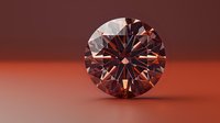 Round brilliant cut pink diamond with multiple facets reflecting light on red background, luxury gemstone with precise symmetrical cuts and high clarity sparkle.