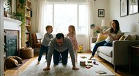 Happy family enjoying quality time together in bright modern living room with father doing push-ups while children play and mother relaxes on sofa.