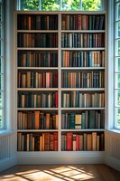Classic white bookshelf filled with vintage hardcover books between bright windows casting natural sunlight and shadows across wooden floor, creating cozy library atmosphere.