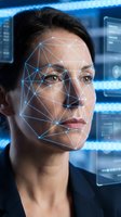 Professional businesswoman with facial recognition technology overlay in modern digital environment for biometric security applications.