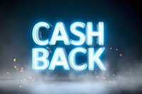 Glowing blue neon text reading cash back floating above misty concrete surface with light particles, dramatic atmosphere for financial and retail promotions.