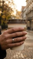 Person holding takeaway coffee cup on urban street with warm golden hour lighting and blurred cityscape background. Suitable for beverage, lifestyle, and commercial use.