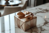 Elegant gift box wrapped in metallic rose gold paper with satin bow on marble surface, soft focus background creates luxurious holiday atmosphere.