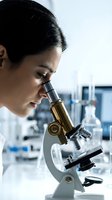 Female scientist examining samples through microscope in modern laboratory conducting research and analysis for medical or scientific discovery.