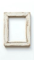 Rustic white wooden frame with peeling paint and distressed texture, isolated on white background, ready for mockup and design use.