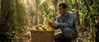 Young Hispanic male farmer harvesting fresh coconuts in tropical plantation, sitting beside wicker basket filled with golden fruits in lush jungle setting.