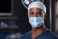 African American male surgeon in scrubs and protective mask looking confidently at camera in operating room setting. Professional medical portrait with surgical lights.