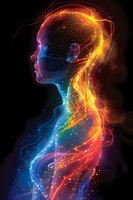 Glowing female silhouette with flowing energy lines in vibrant rainbow colors against dark background, representing consciousness and spiritual awakening.
