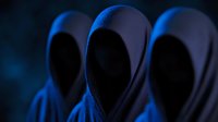 Dark hooded figures in blue atmospheric lighting create mysterious and eerie scene with faceless silhouettes standing in row, conveying anonymity and supernatural mood.